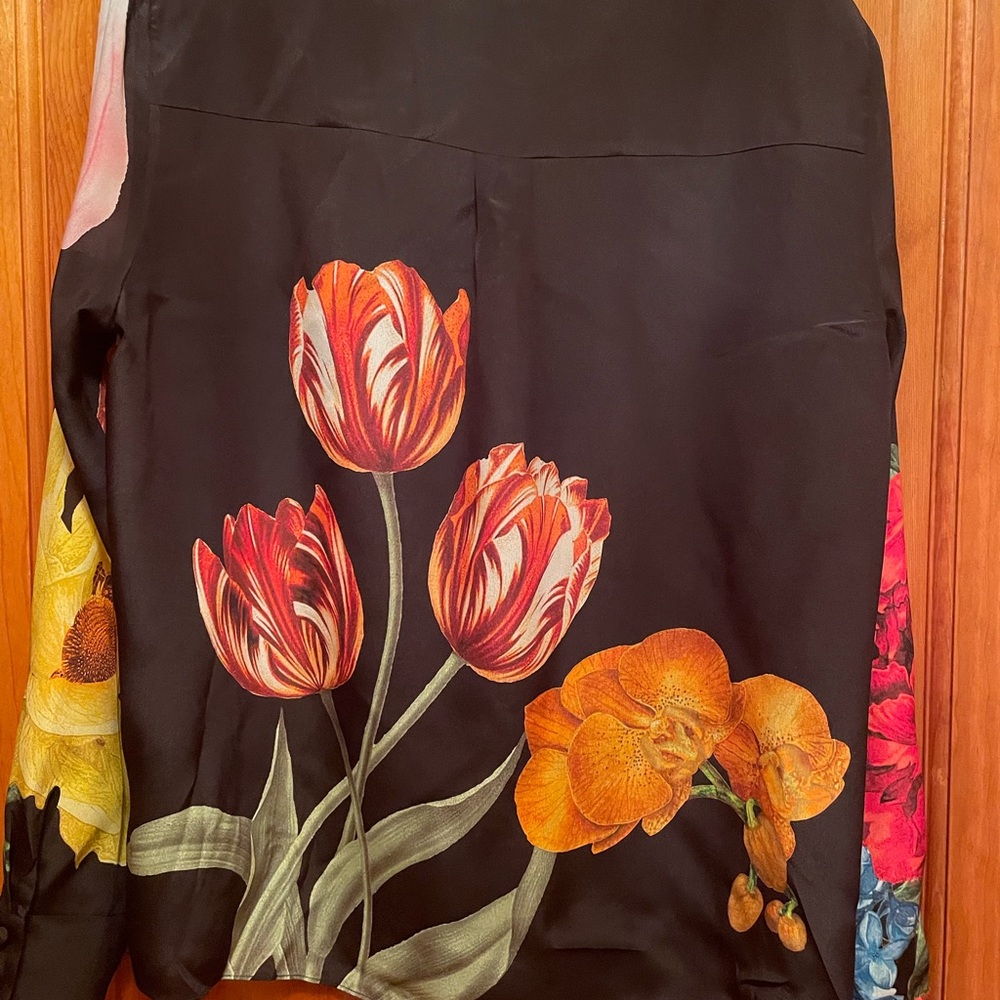 Alice + Olivia Black Blouse with Vibrant Floral Patterns